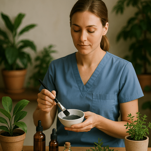 alt_text : Esthéticienne en uniforme bleu prépare des soins naturels, entourée de plantes et huiles, reflétant sérénité.