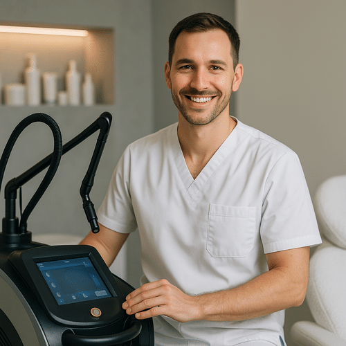 alt_text : Un professionnel souriant dans un cadre moderne allie beauté et technologie pour des soins esthétiques.