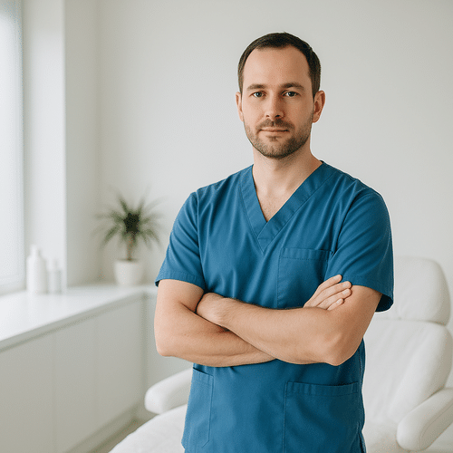 alt_text : Clinique moderne et apaisante, expert en uniforme bleu, salle lumineuse, design minimaliste.