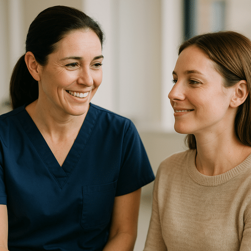 alt_text : Professionnel de santé en uniforme bleu navy dialogue bienveillante avec une patiente détendue.