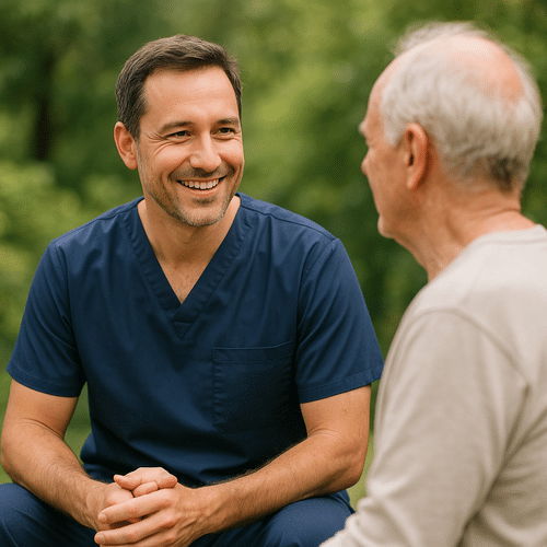 alt_text : Un professionnel souriant en uniforme bleu marine discute avec un patient, entouré de nature apaisante.