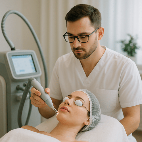 alt_text : Clinique moderne et apaisante dédiée aux soins lasers esthétiques, avec praticien professionnel.