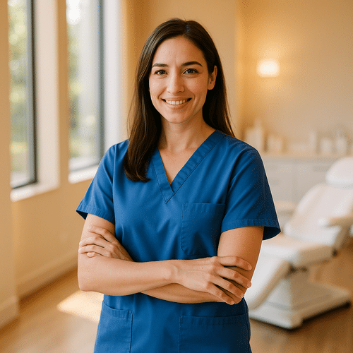 alt_text : Clinique moderne inondée de lumière, ambiance chaleureuse avec un pro de santé en uniforme bleu.