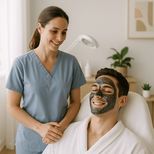 alt_text : Salle lumineuse et apaisante avec pro de santé en uniforme, patient souriant et déco moderne.
