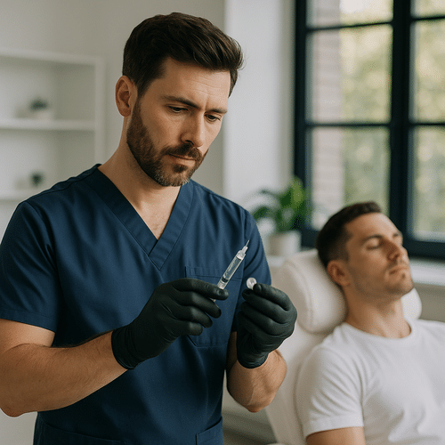 alt_text : Professionnel en uniforme bleu préparant une séance dans un cadre moderne et éclairé naturellement.