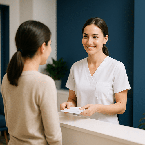 alt_text : Salle d'attente clinique esthétique moderne, couleurs bleu marine, blanc; accueil patient par pro santé souriante.