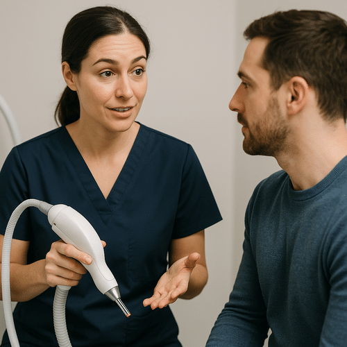 alt_text : Un professionnel en uniforme bleu marine explique les bienfaits d'un traitement laser à un patient.