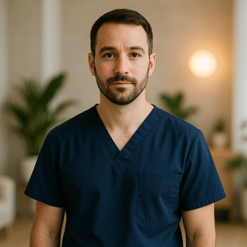 alt_text : Professionnel de santé en uniforme bleu marine, dans un cadre moderne, apaisant et centré sur le bien-être.