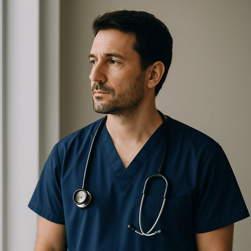 alt_text : Un médecin en uniforme bleu marine regardant pensivement par une fenêtre, sur fond neutre et apaisant.