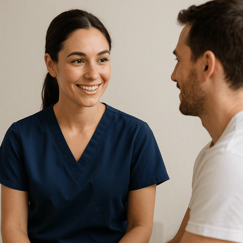 alt_text : Couverture minimaliste : un soignant en uniforme bleu marine discute bienveillant avec un patient.