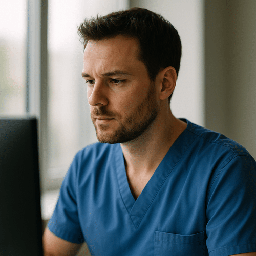 alt_text : "Un pro de santé en uniforme bleu consulte un écran, éclairé par la lumière douce d'une grande baie vitrée."
