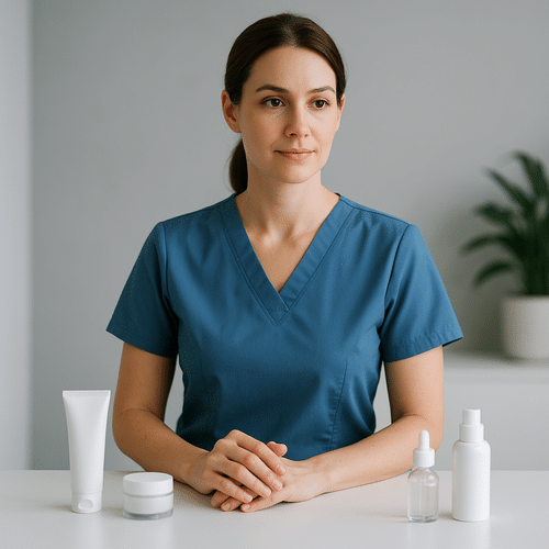 alt_text : Scène épurée de soins de la peau, pro en uniforme bleu, ambiance moderne et apaisante.