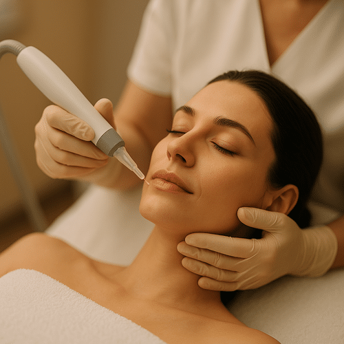 alt_text : Scène apaisante où une femme détendue reçoit un soin laser doux, ambiance sereine et confiante.