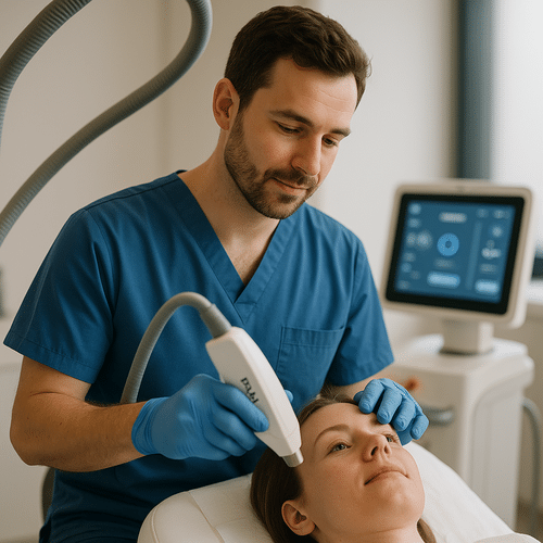 alt_text : Professionnel de santé en uniforme bleu interagissant avec un patient, symbolisant la médecine future.