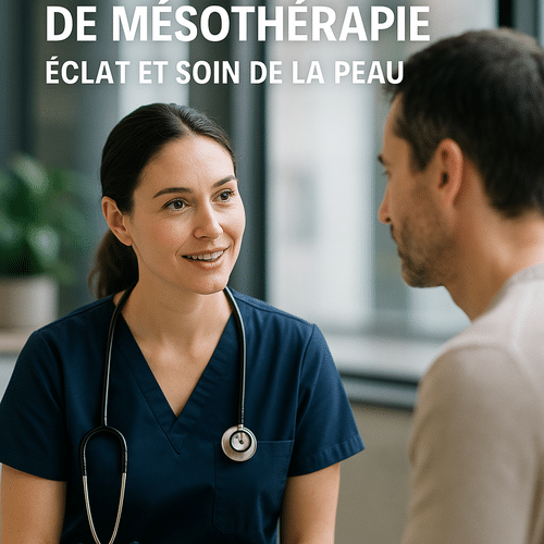 alt_text: Couverture de magazine santé: médecin en uniforme bleu marine échangeant avec un patient, ambiance moderne.
