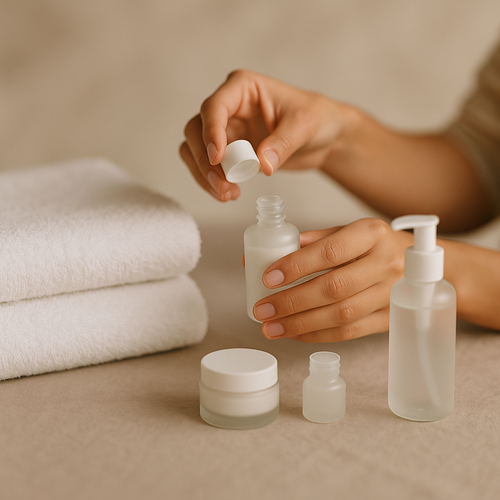 alt_text : Mains préparant une routine de soins, avec serviettes blanches et produits apaisants sur fond doux.