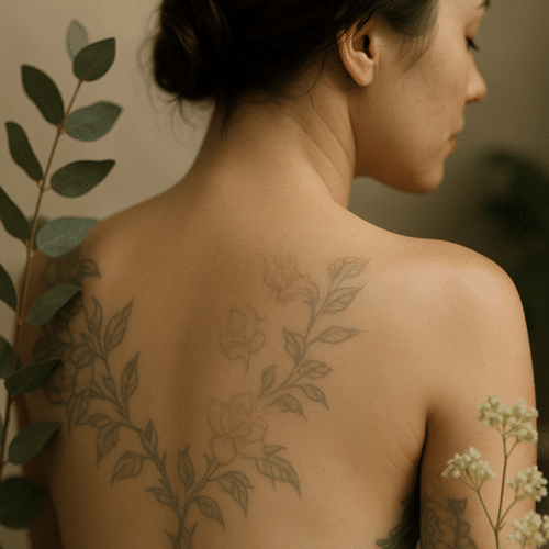 alt_text : Peau régénérée, tatouages estompés avec des éléments naturels et tons apaisants.
