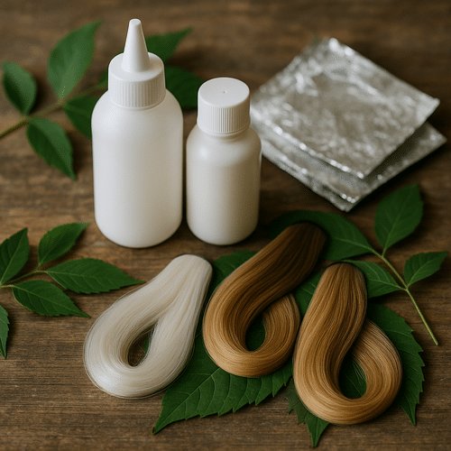 alt_text : Flacons de produits capillaires, mèches variées et feuilles évoquant un éclaircissement naturel.