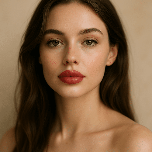 alt_text : Modèle féminin aux lèvres accentuées, beauté naturelle sur fond doux et neutre, élégance raffinée.