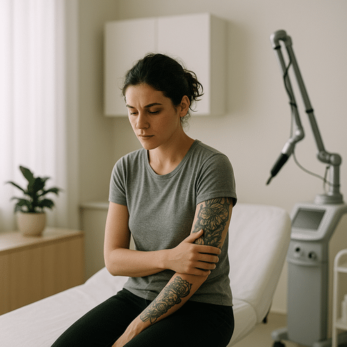 alt_text : Une salle de soin sereine et épurée, une personne tatouée réflexive, ambiance calme et professionnelle.