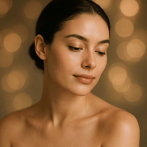 alt_text : Modèle à la peau lisse et au teint naturel, réfléchissant, entouré de doux motifs lumineux.
