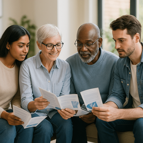alt_text : Groupe diversifié discutant avec intérêt, consultant des brochures dans un espace lumineux et accueillant.