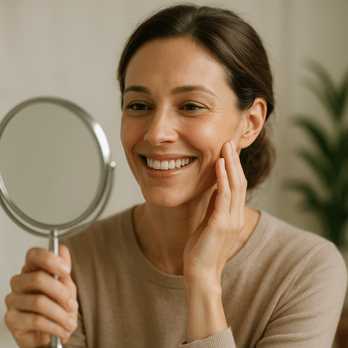 alt_text: Personne souriante avec miroir, ambiance élégante et épurée, décor subtil et plantes en arrière-plan.
