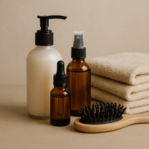 alt_text : Flacons, huiles, brosse, et serviettes disposés harmonieusement sur fond neutre, évoquent le soin capillaire.