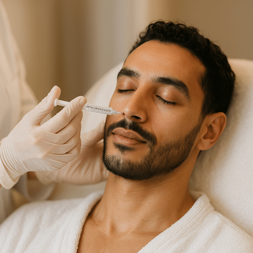 alt_text : Homme marocain recevant soin hyaluronique, cadre serein et professionnel, ambiance apaisante.
