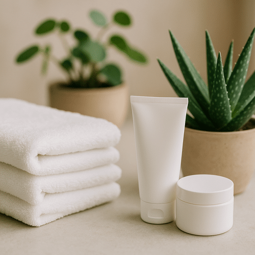 alt_text : Serviettes propres, crèmes, et plantes apaisantes créent une ambiance de détente et de soins naturels.