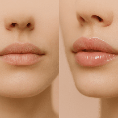 alt_text : Lips in a stylish match: natural hydration vs. subtle aesthetic polish on a soft pastel backdrop.