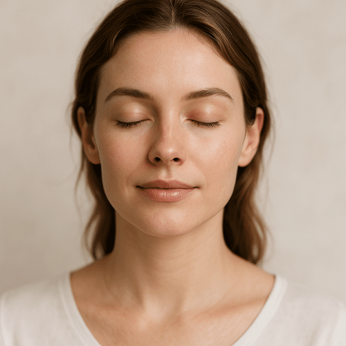 alt_text : Visage féminin serein et naturel, entouré d'un fond apaisant et minimaliste.
