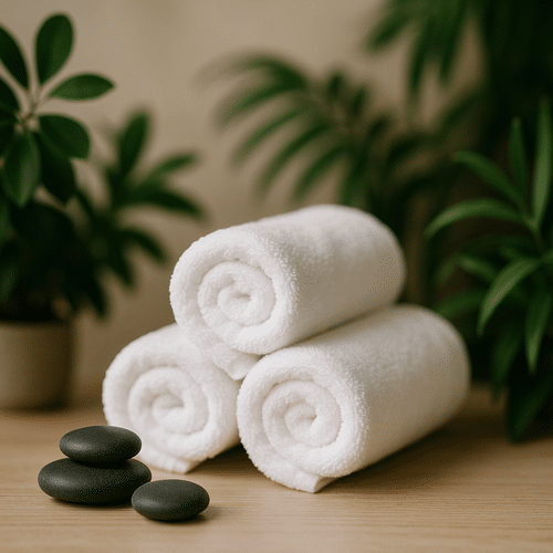 alt_text : Scène apaisante avec serviettes blanches, pierres de massage et plantes vertes, ambiance spa élégante.